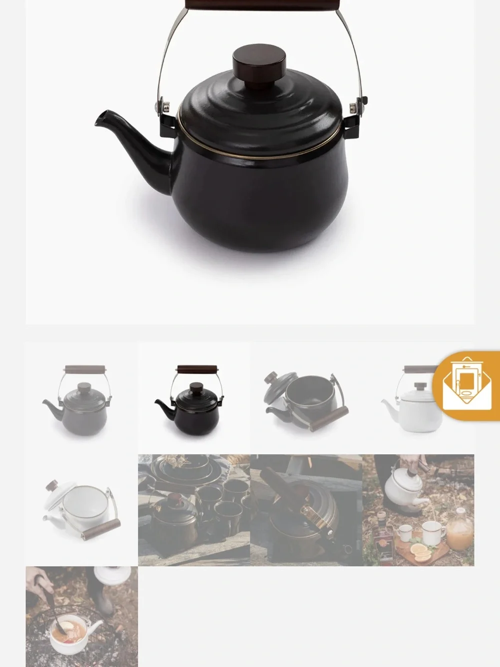 Barebones Charcoa Enamel Teapot with Wooden Handle - Elegant Home Kitchen Kettle